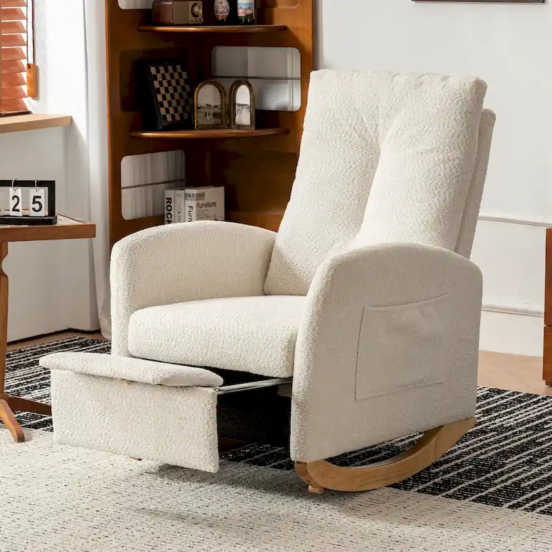 Fauteuil à bascule moderne à dossier haut avec repose-pieds et pieds en bois