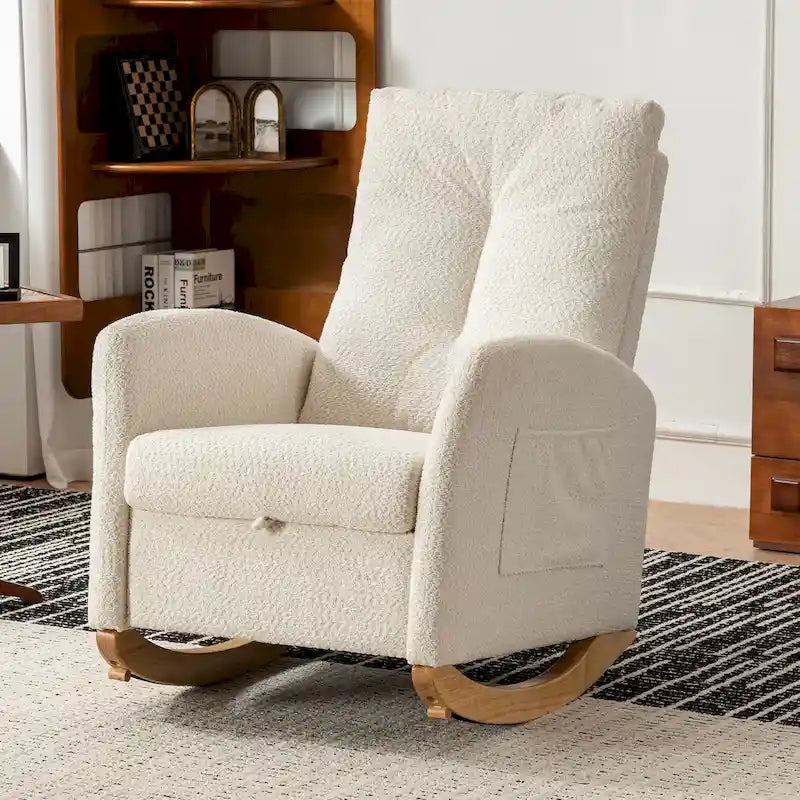Fauteuil à bascule moderne à dossier haut avec repose-pieds et pieds en bois
