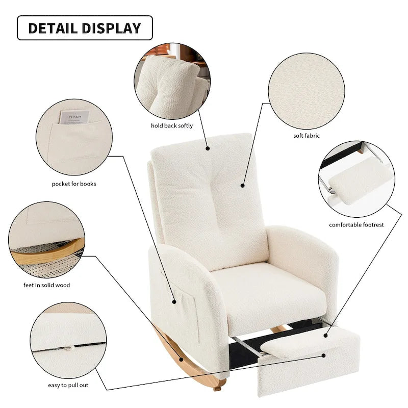 Fauteuil à bascule moderne à dossier haut avec repose-pieds et pieds en bois