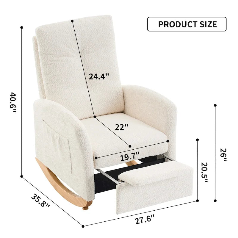 Fauteuil à bascule moderne à dossier haut avec repose-pieds et pieds en bois