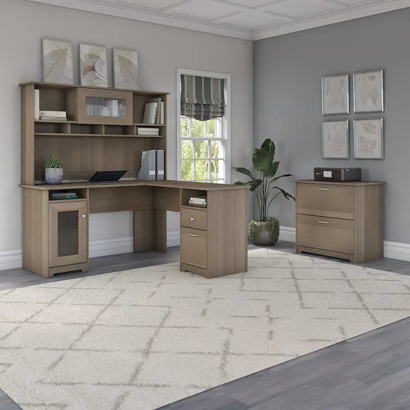Bureau d'angle avec huche et classeur