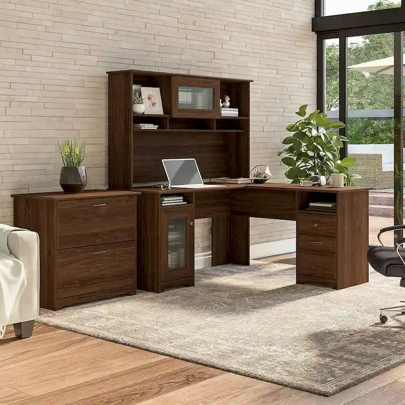 Bureau d'angle avec huche et classeur