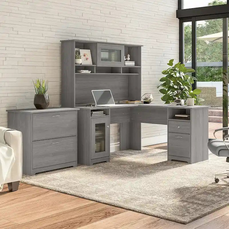 Bureau d'angle avec huche et classeur
