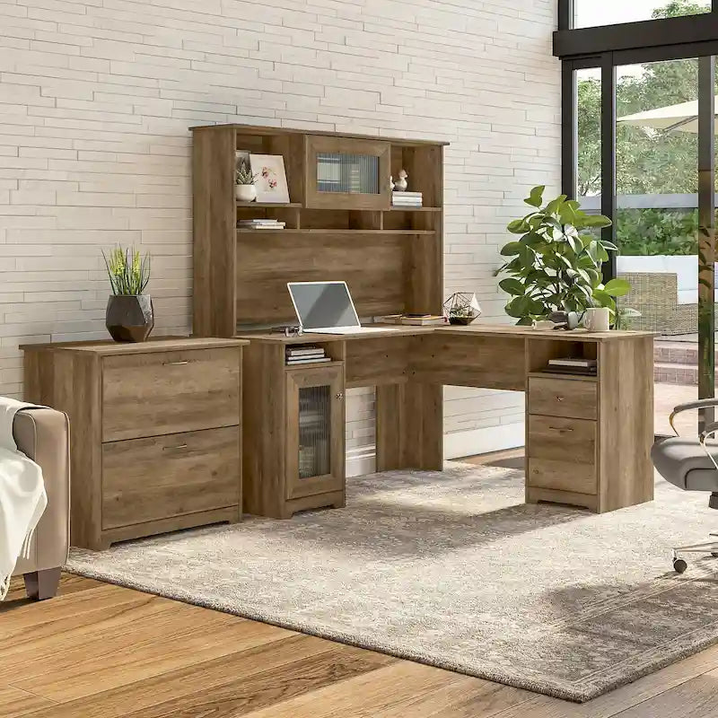 Bureau d'angle avec huche et classeur
