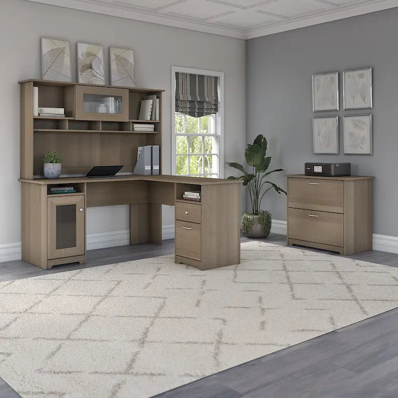 Bureau d'angle avec huche et classeur