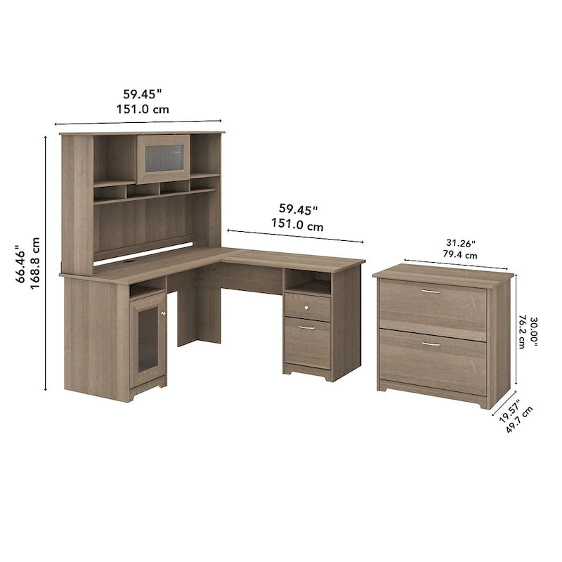 Bureau d'angle avec huche et classeur