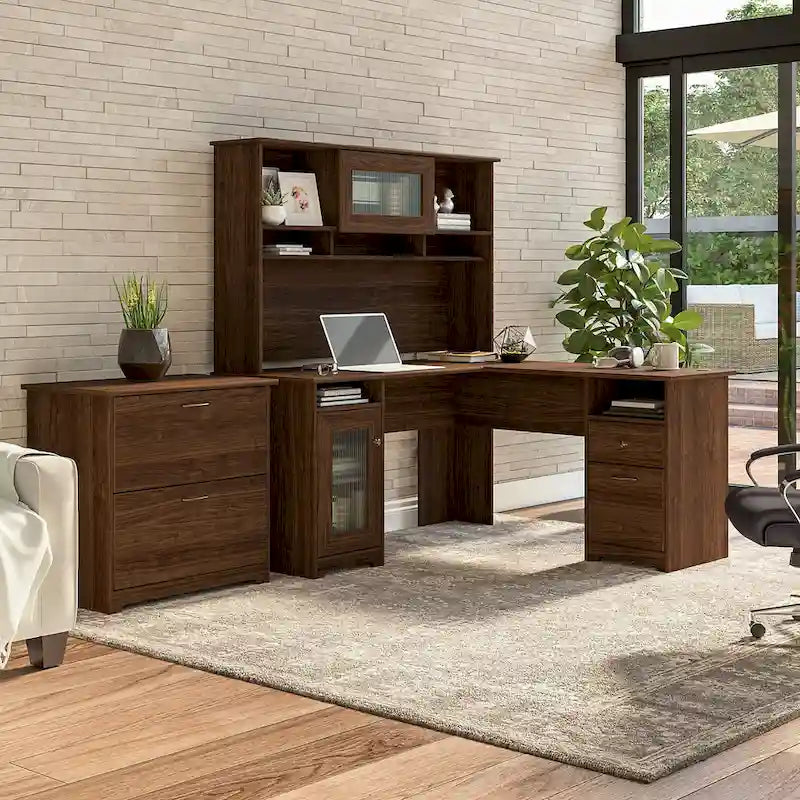 Bureau d'angle avec huche et classeur