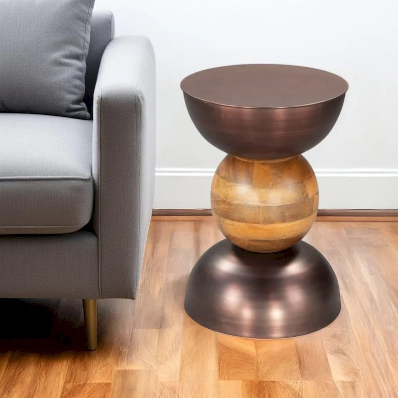 Table d'appoint ronde sur pied en bronze, fer marron et bois massif
