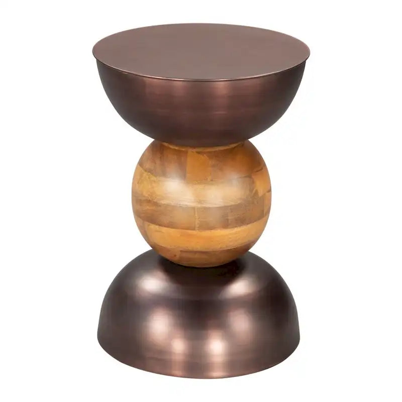 Table d'appoint ronde sur pied en bronze, fer marron et bois massif