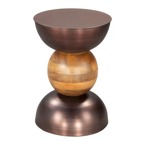 Table d'appoint ronde sur pied en bronze, fer marron et bois massif