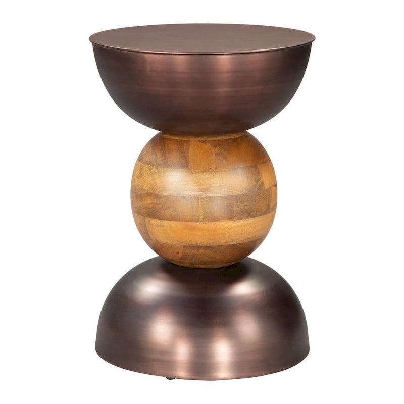 Table d'appoint ronde sur pied en bronze, fer marron et bois massif