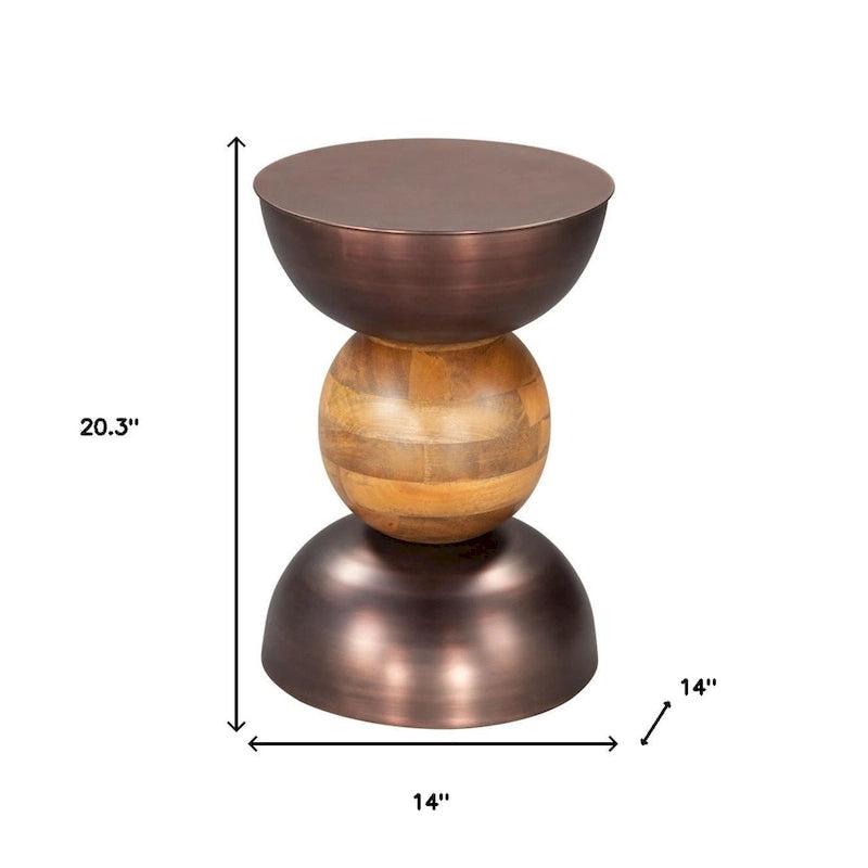 Table d'appoint ronde sur pied en bronze, fer marron et bois massif