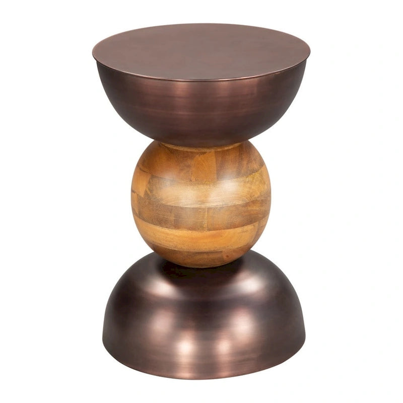 Table d'appoint ronde sur pied en bronze, fer marron et bois massif