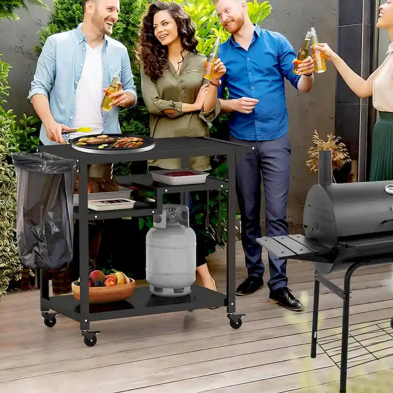 Chariot de barbecue roulant à 3 étagères Support pour four à pizza avec