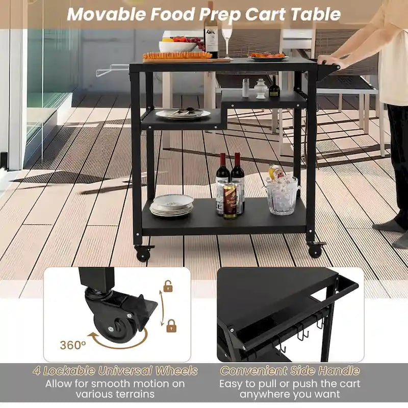 Chariot de barbecue roulant à 3 étagères Support pour four à pizza avec