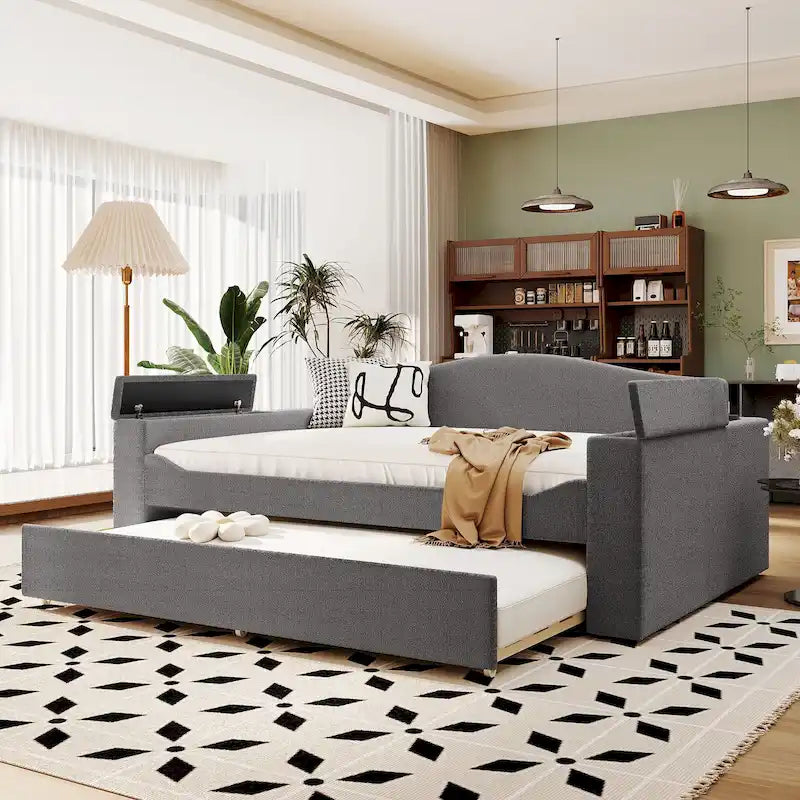 Lit de repos rembourré avec lit gigogne — Tissu velours Teddy