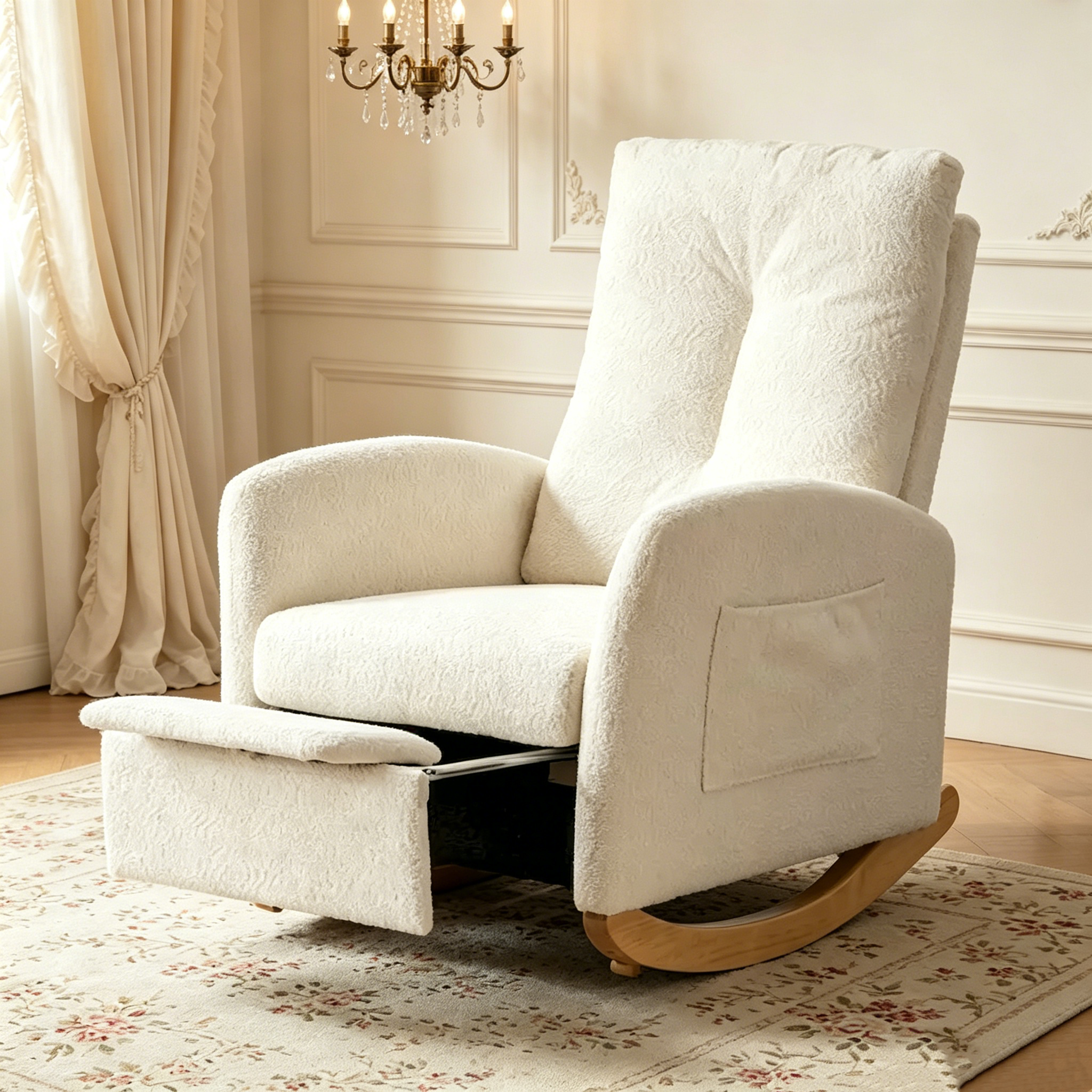 Fauteuil à bascule moderne à dossier haut avec repose-pieds et pieds en bois