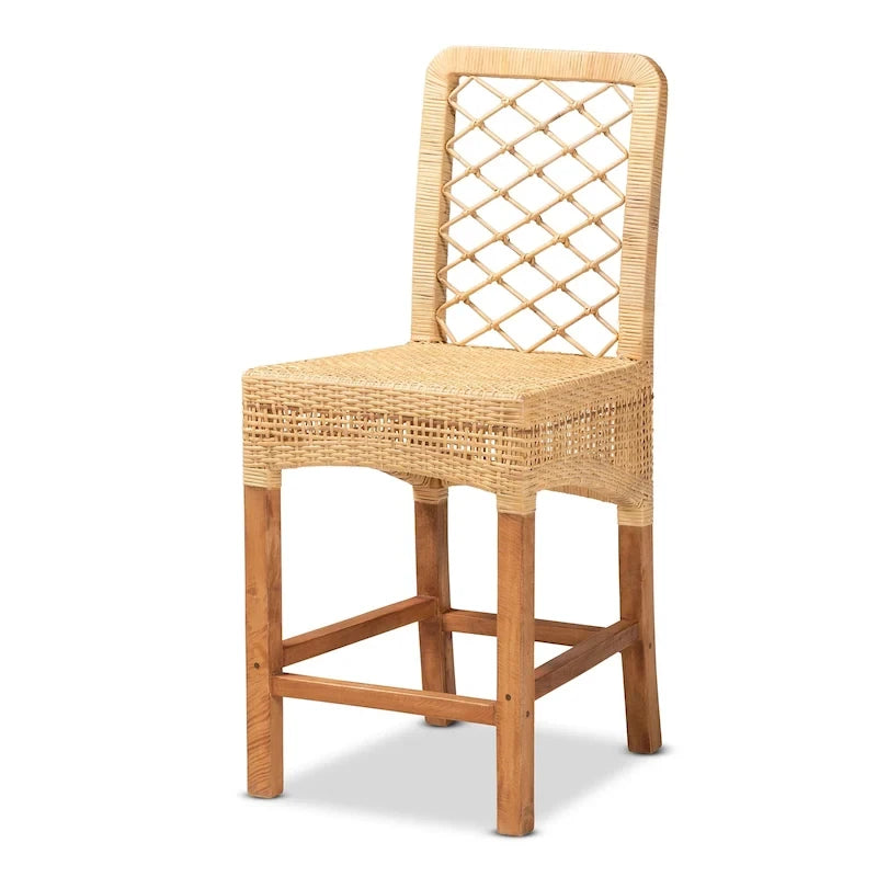 Tabouret de comptoir moderne en rotin naturel marron et bois, style bohème