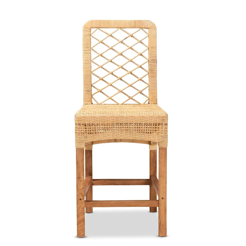 Tabouret de comptoir moderne en rotin naturel marron et bois, style bohème