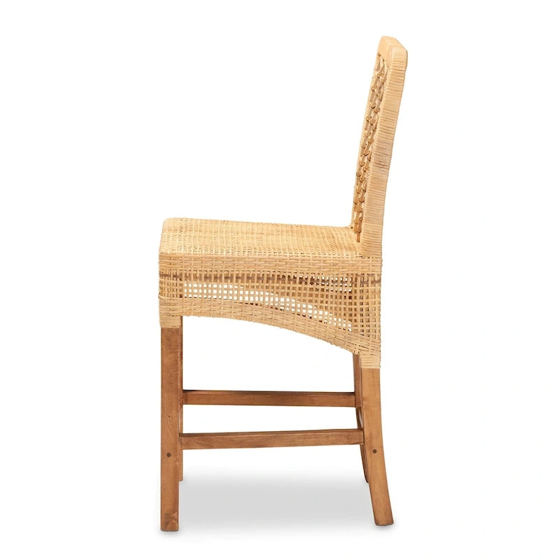 Tabouret de comptoir moderne en rotin naturel marron et bois, style bohème