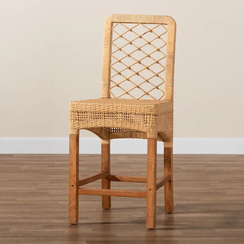 Tabouret de comptoir moderne en rotin naturel marron et bois, style bohème