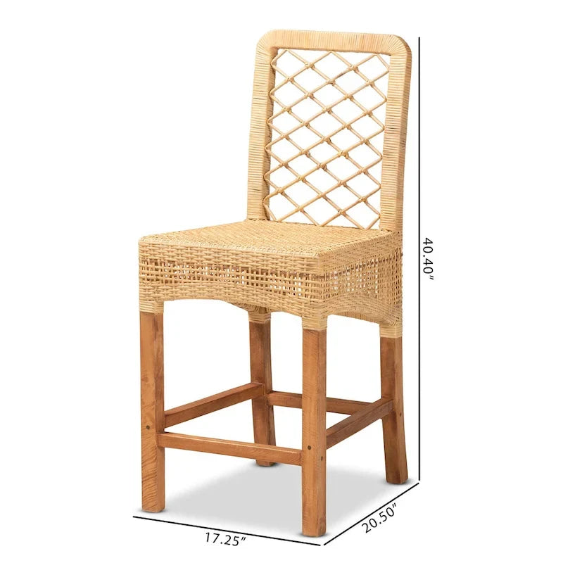 Tabouret de comptoir moderne en rotin naturel marron et bois, style bohème