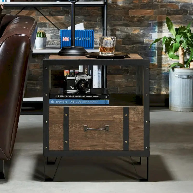Table d'appoint industrielle en chêne et métal à 1 tiroir