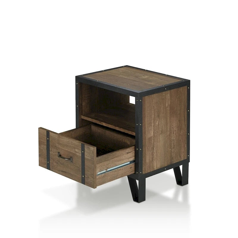 Table d'appoint industrielle en chêne et métal à 1 tiroir
