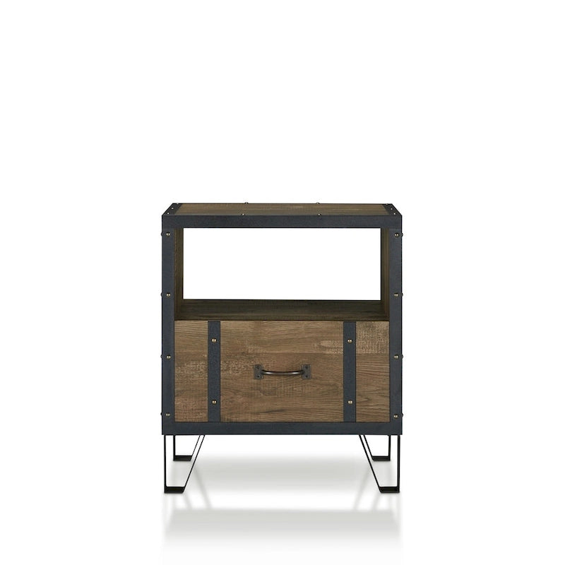 Table d'appoint industrielle en chêne et métal à 1 tiroir