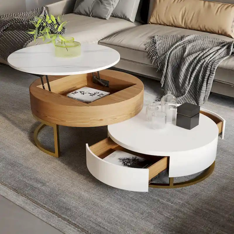 Table basse ronde relevable avec rangement et plateau pivotant