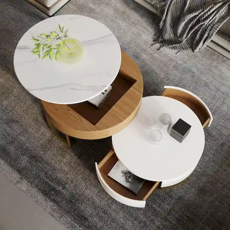 Table basse ronde relevable avec rangement et plateau pivotant