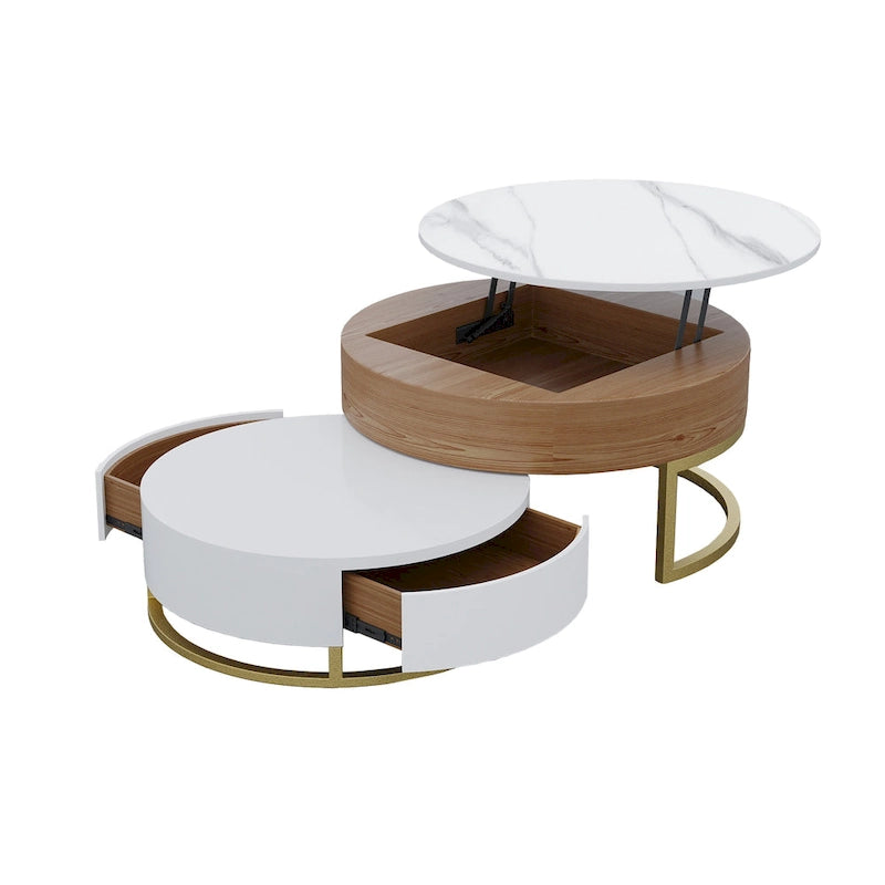 Table basse ronde relevable avec rangement et plateau pivotant