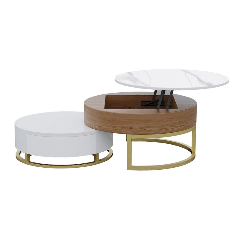 Table basse ronde relevable avec rangement et plateau pivotant
