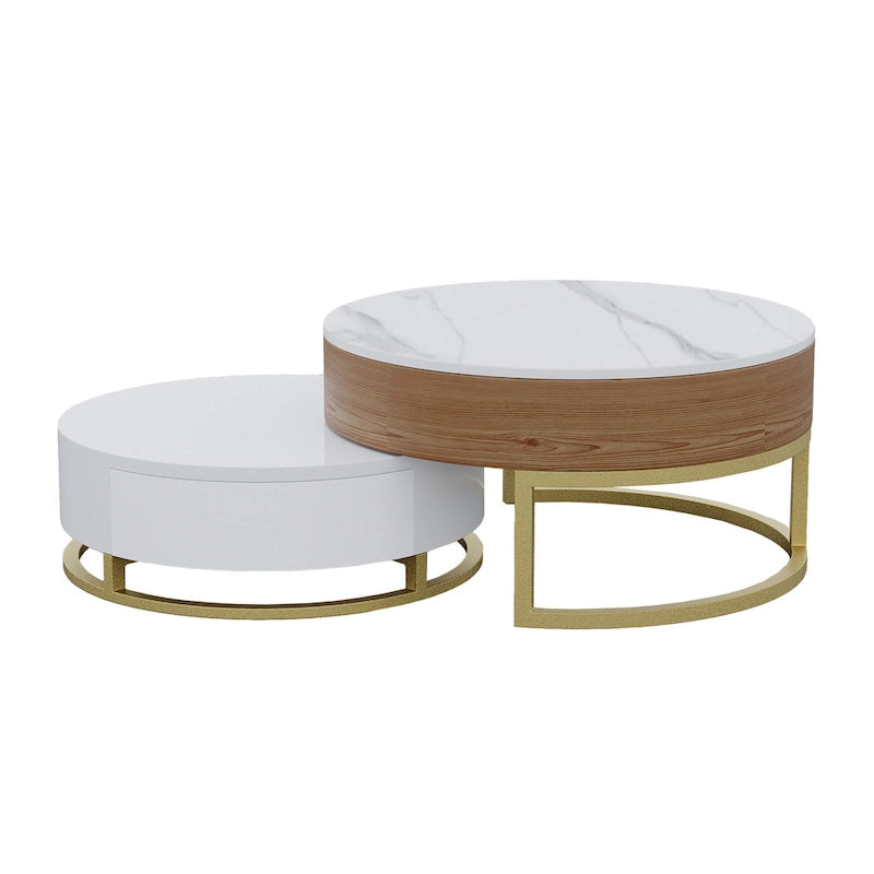 Table basse ronde relevable avec rangement et plateau pivotant