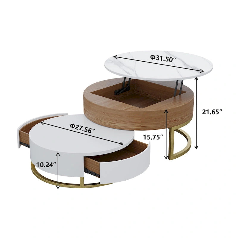Table basse ronde relevable avec rangement et plateau pivotant