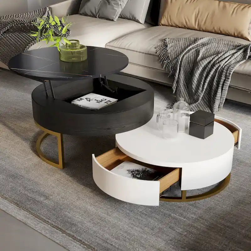 Table basse ronde relevable avec rangement et plateau pivotant
