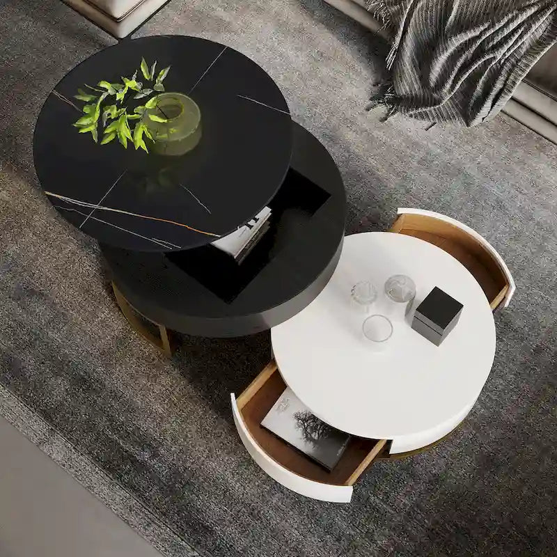 Table basse ronde relevable avec rangement et plateau pivotant