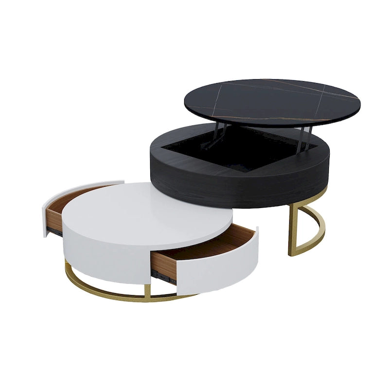 Table basse ronde relevable avec rangement et plateau pivotant