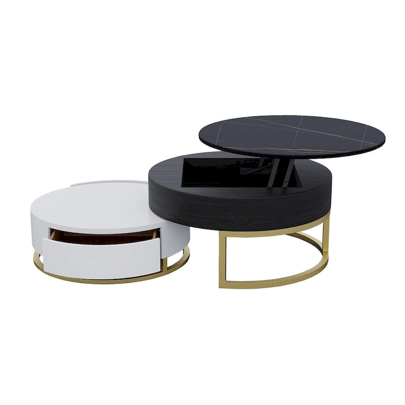 Table basse ronde relevable avec rangement et plateau pivotant