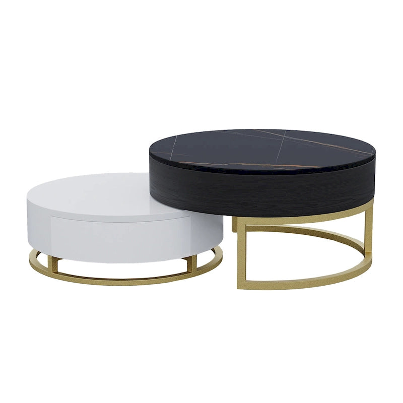 Table basse ronde relevable avec rangement et plateau pivotant