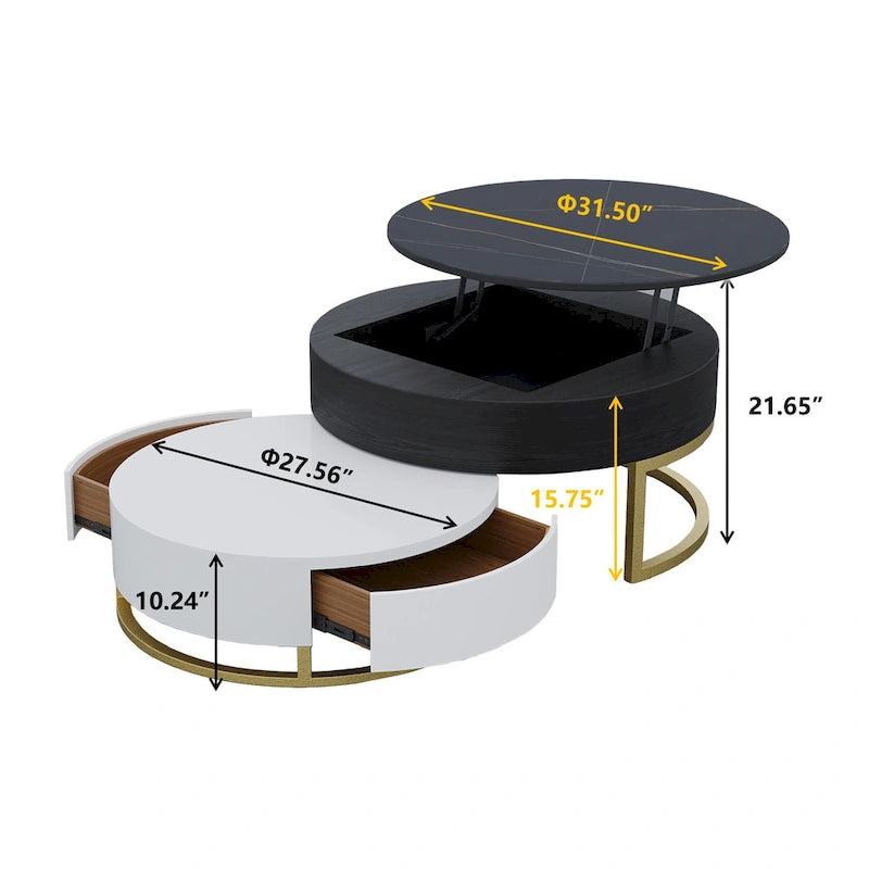 Table basse ronde relevable avec rangement et plateau pivotant