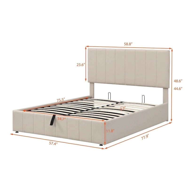 Lit plateforme rembourré avec système de rangement hydraulique