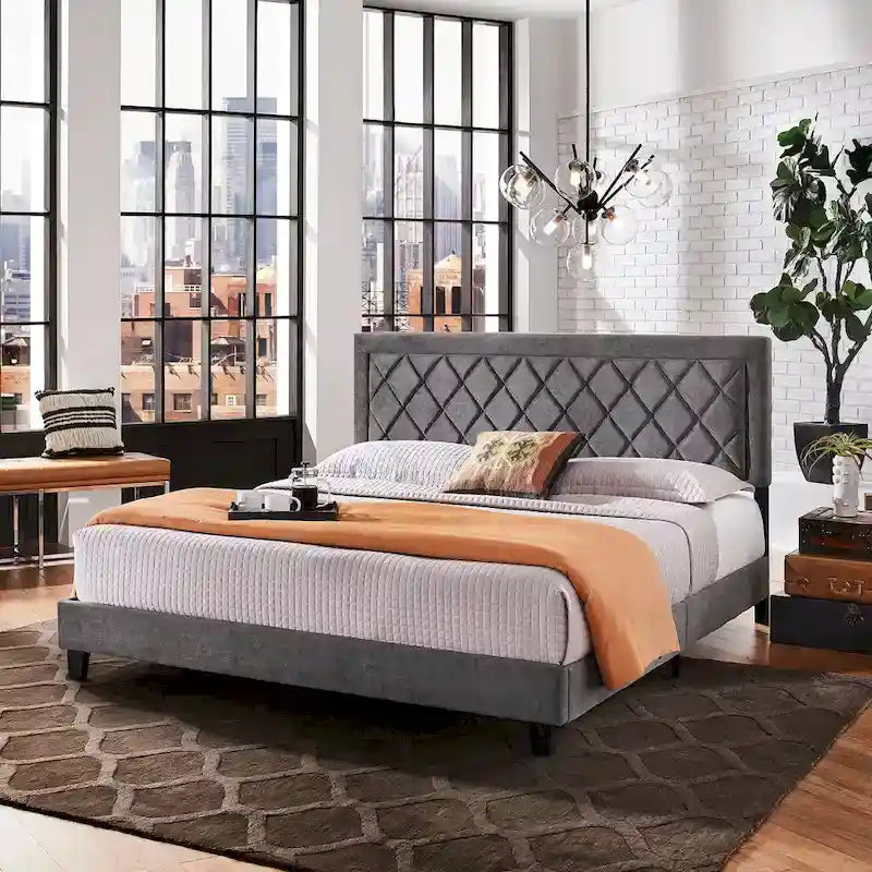 Lit plateforme en tissu velours