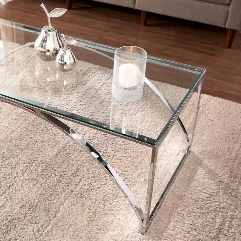 Table basse contemporaine en verre et argent