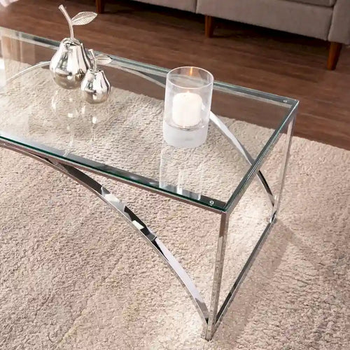 Table basse contemporaine en verre et argent