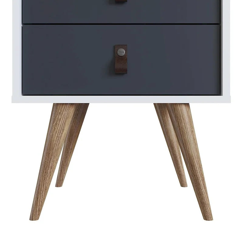 Table de chevet avec poignées en similicuir bleu et naturel