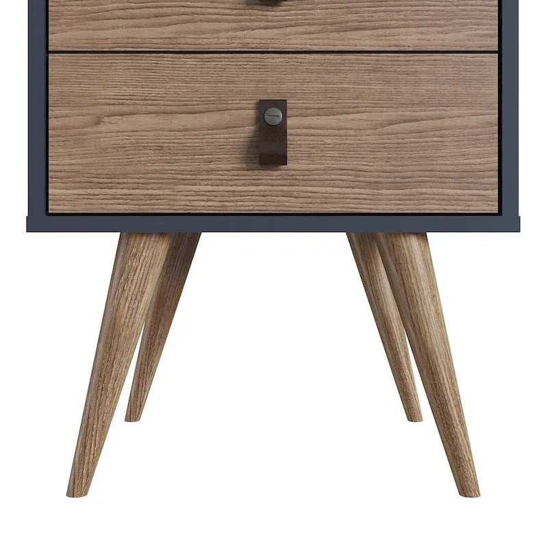 Table de chevet avec poignées en similicuir bleu et naturel