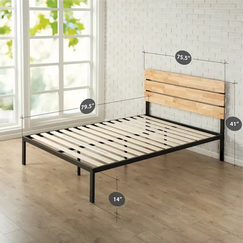 Cadre de lit plateforme en métal moderne avec tête de lit et lattes en bois
