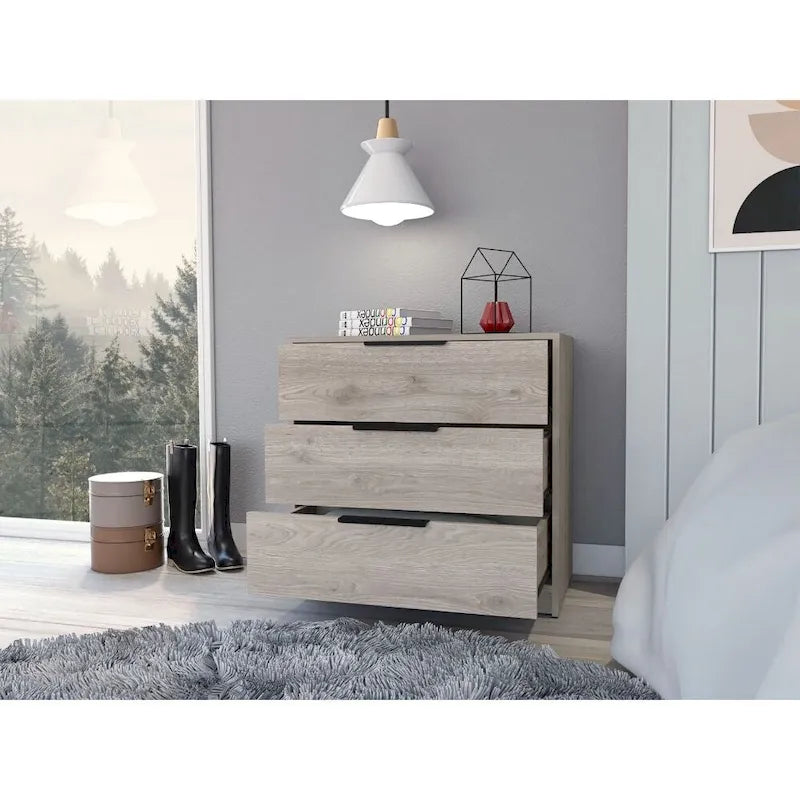 Commode 3 tiroirs plateau supérieur, finition gris clair