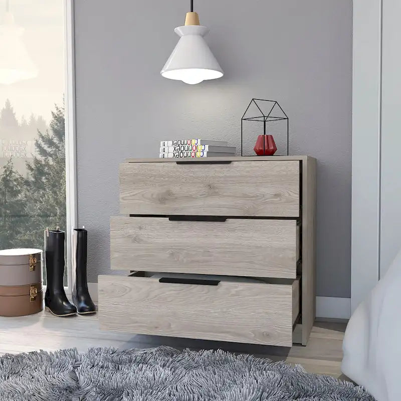 Commode 3 tiroirs plateau supérieur, finition gris clair